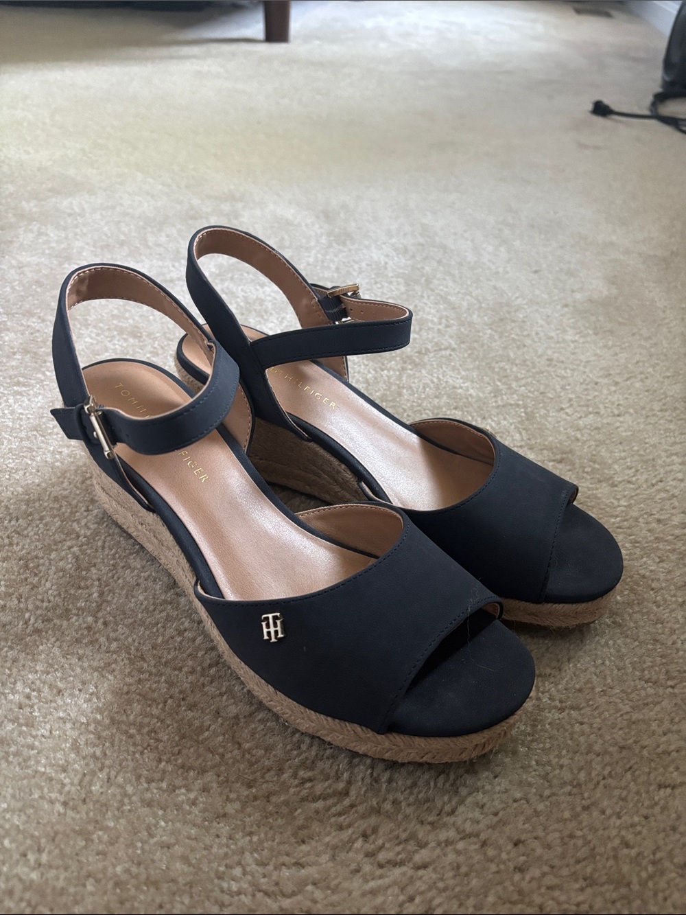 Tommy Hilfiger Navy Espadrille Wedge Sandals with Ankle Strap and Logo Accent